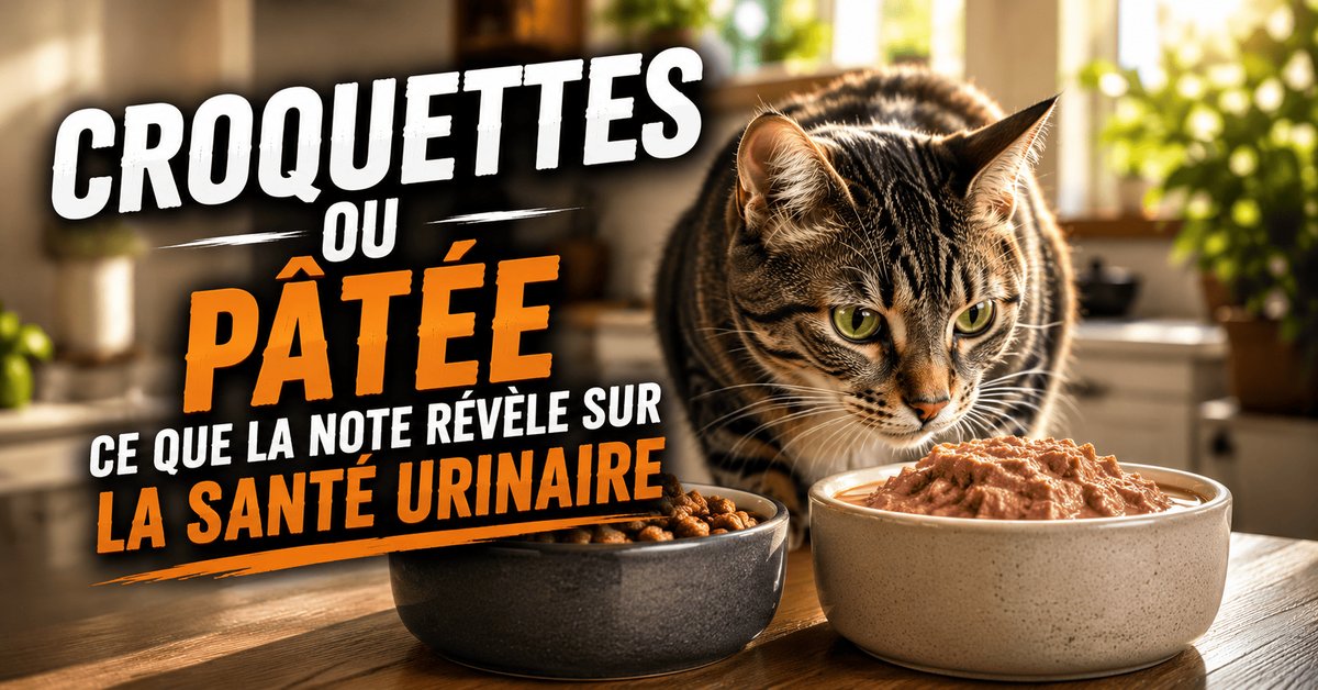 Un chat tigré devant deux gamelles, l'une de croquettes et l'autre de pâtée, sur une table en bois